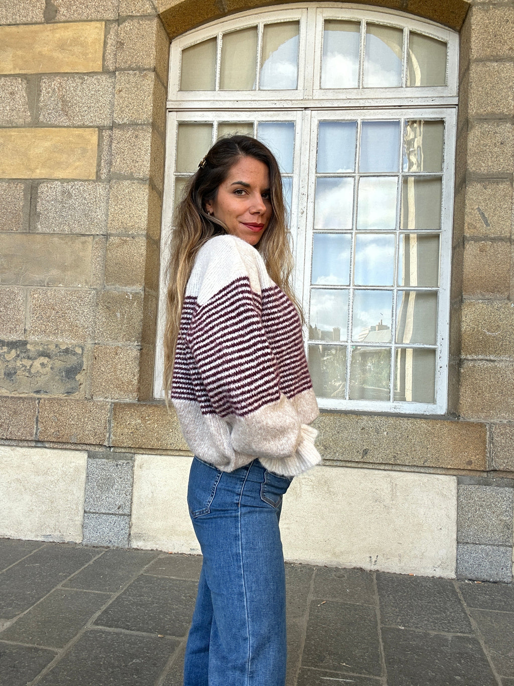 Pull Soline Taupe Rayé Bordeaux