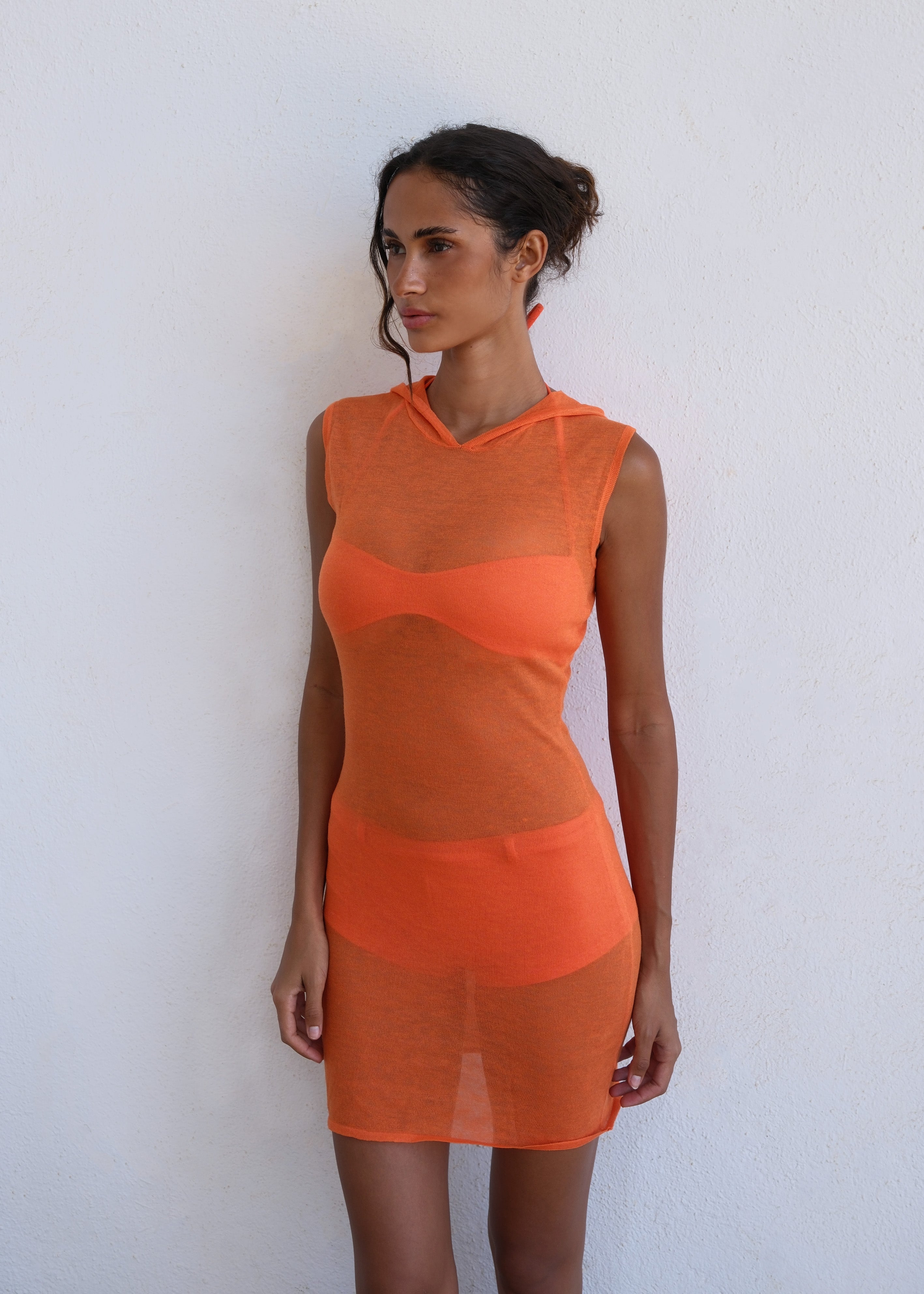 Knit Hooded Dress - Orange