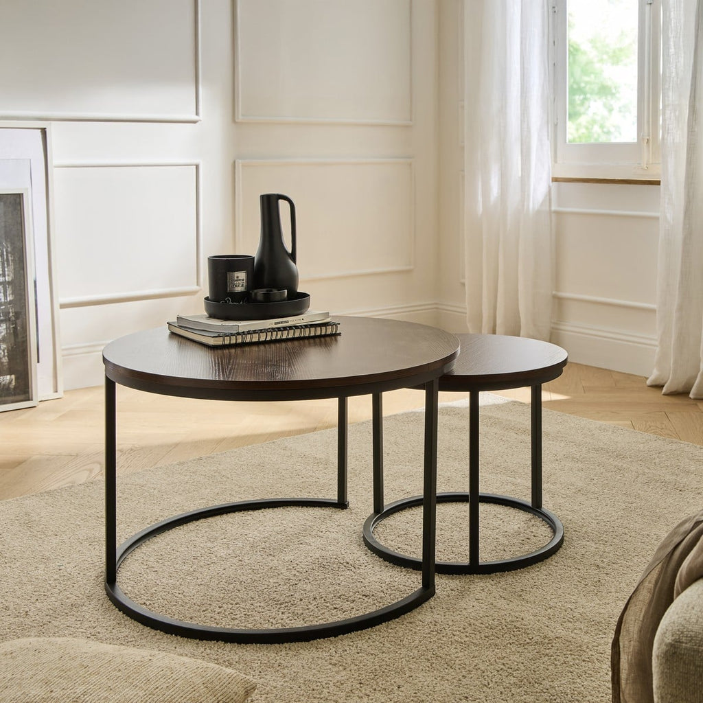Lenny - Lot De 2 Tables Basses Gigognes Rondes - Noyer/ Noir