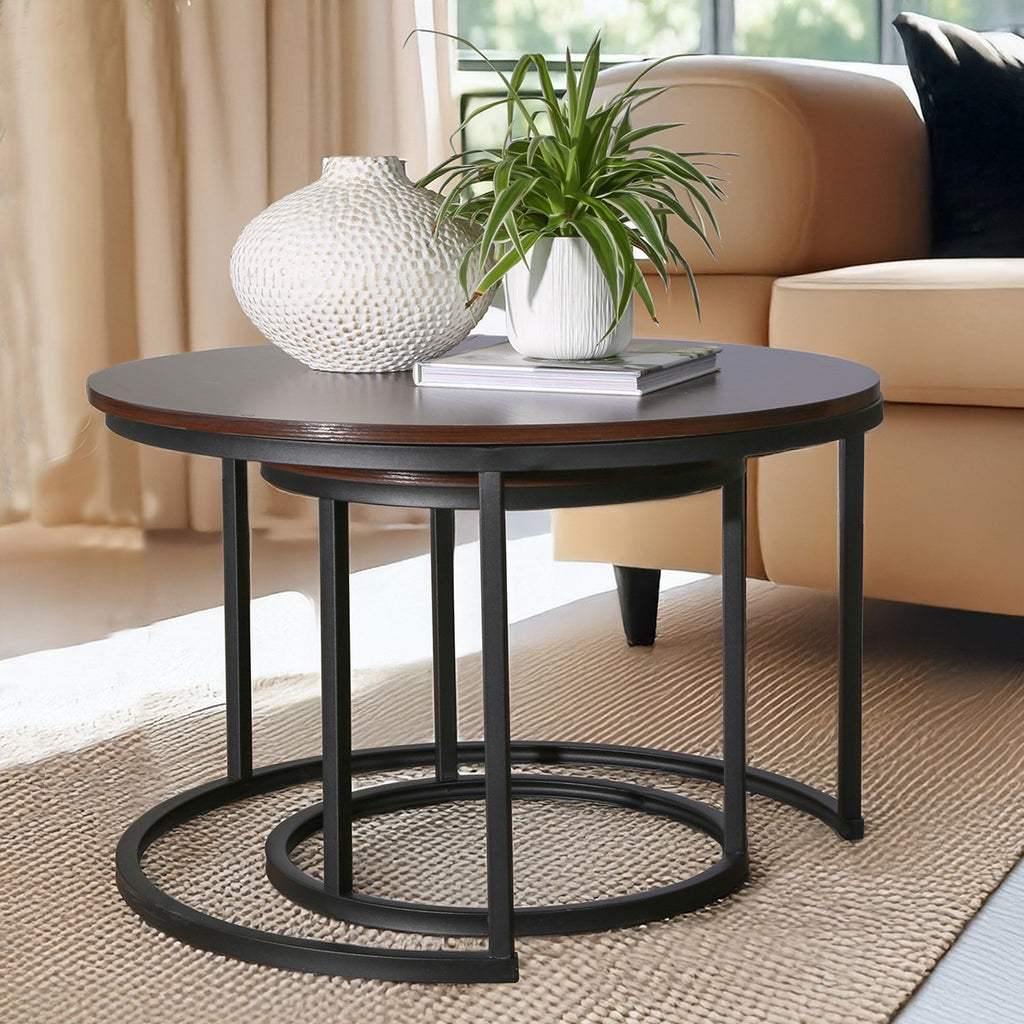 Lenny - Lot De 2 Tables Basses Gigognes Rondes - Noyer/ Noir