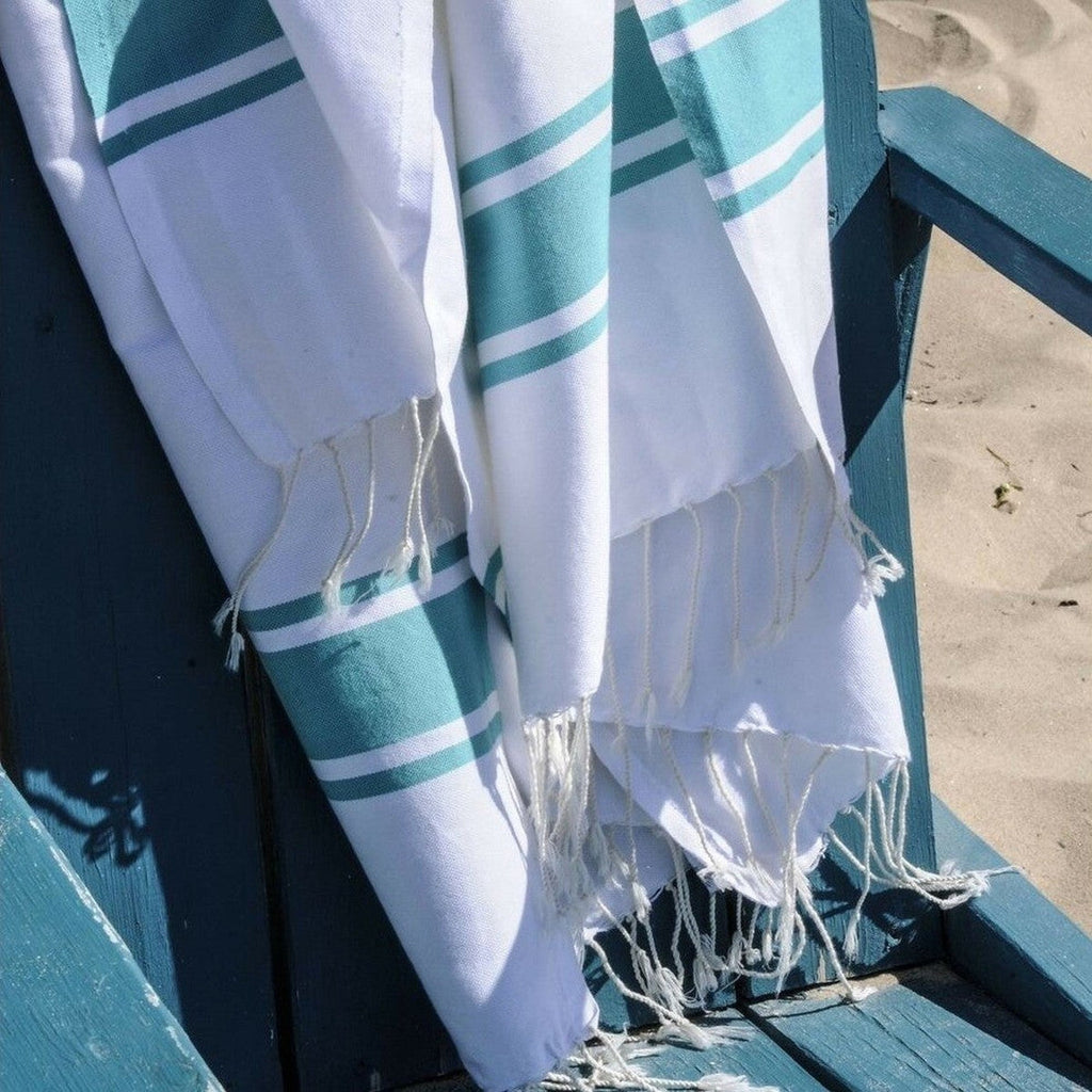 St Tropez - White Fouta - White/Turquoise Green