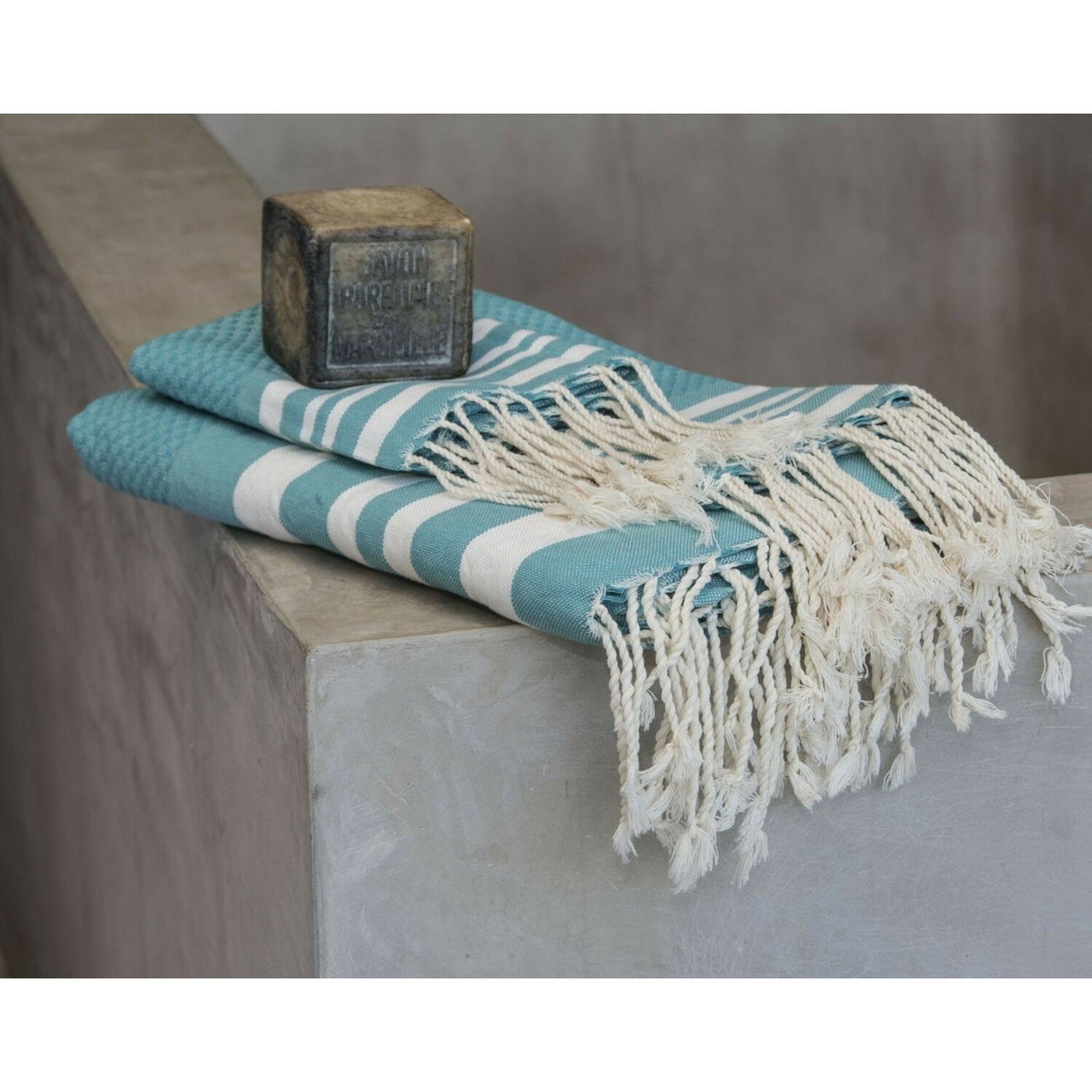 Hamptons - Foutas De Bain (1 Grande Et 2 Petites) - Vert Canard/Blanc