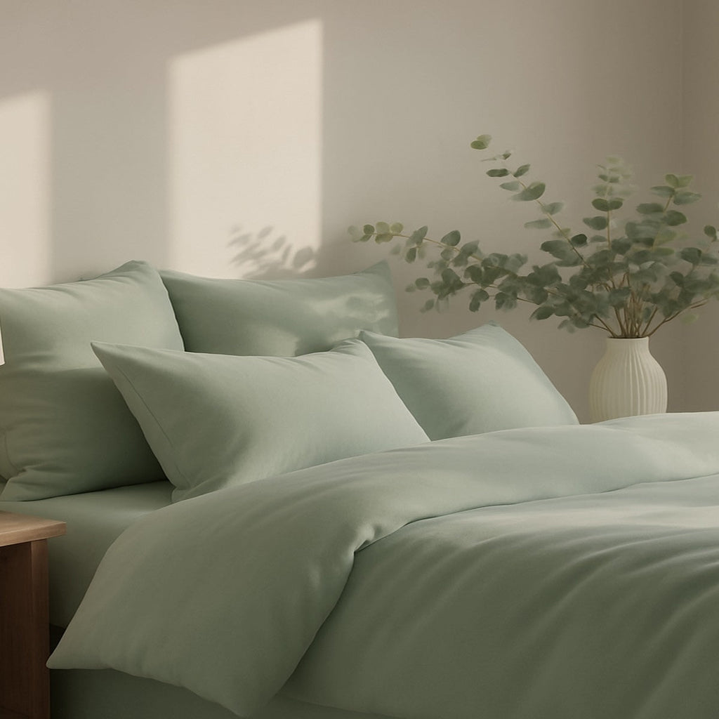 Gaia - Parure + Taies - Satin Lavé De Coton Bio - Vert Céladon