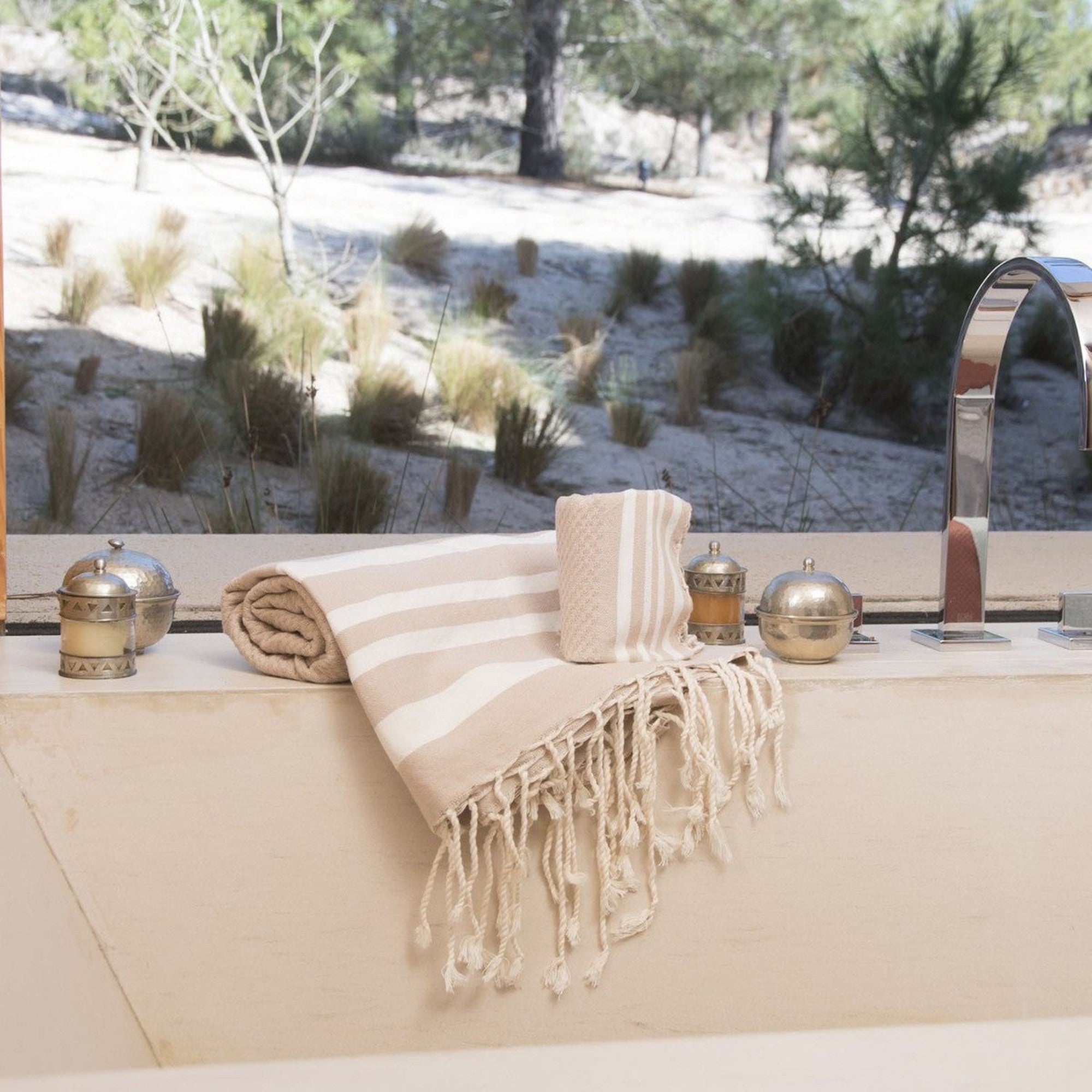 Hamptons - Foutas de Baño (1 Grande y 2 Pequeñas) - Beige/Blanco