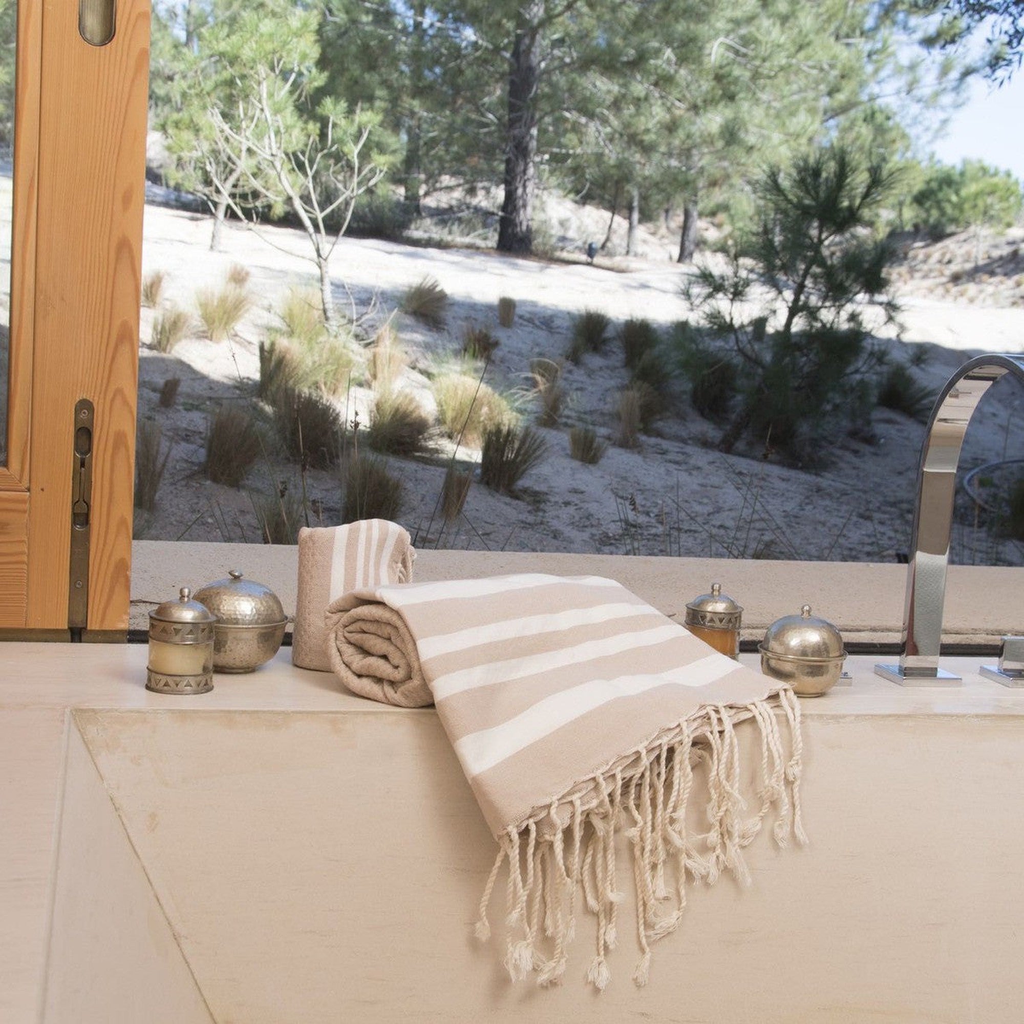 Hamptons - Foutas de Baño (1 Grande y 2 Pequeñas) - Beige/Blanco