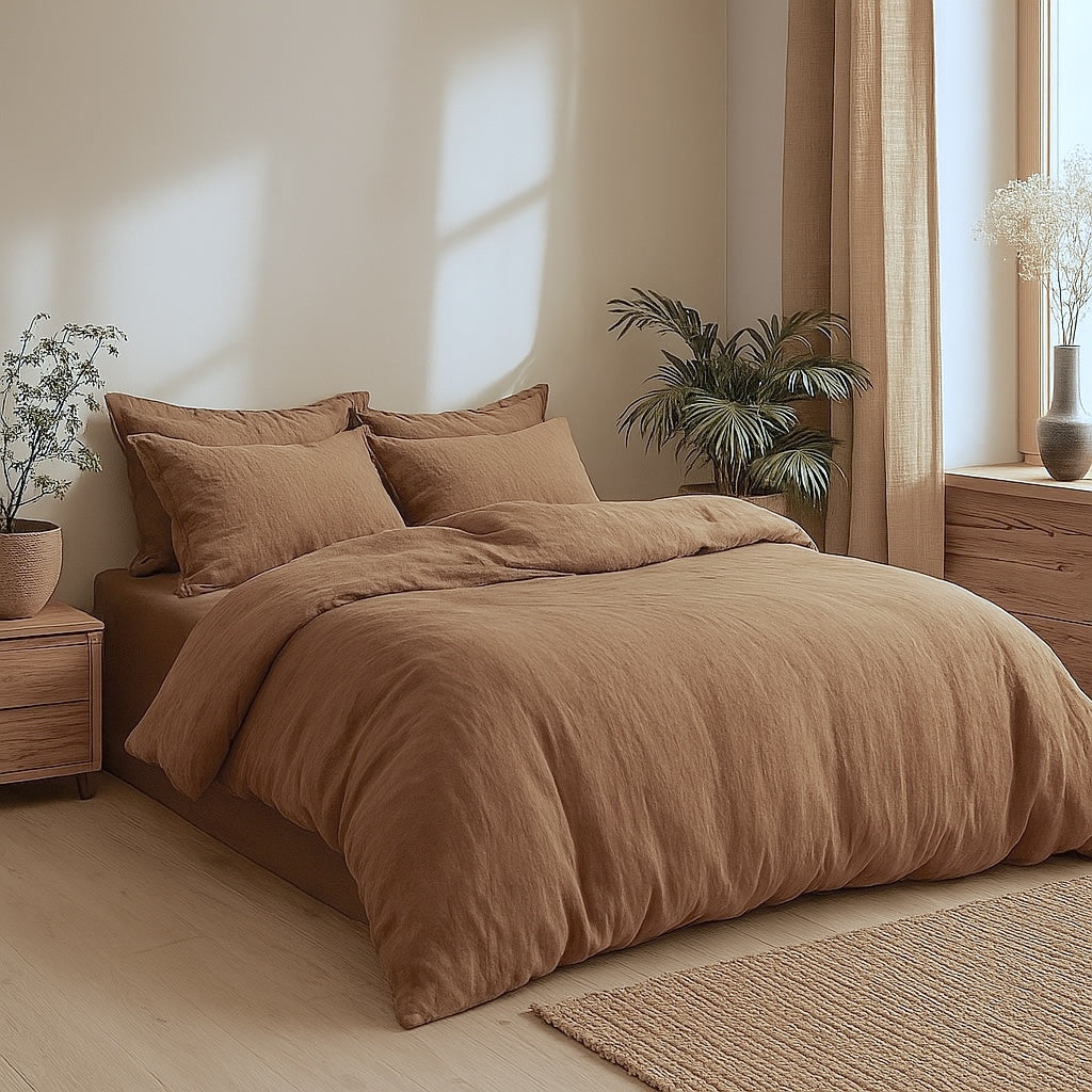 Camille - Juego De Cama + Fundas De Almohada - Lino Lavado - Avellana