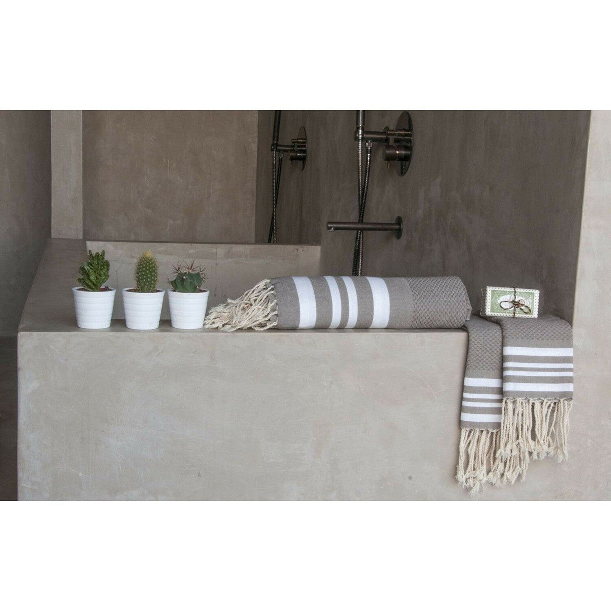Hamptons - Foutas De Bain (1 Grande Et 2 Petites) - Taupe Clair/Blanc