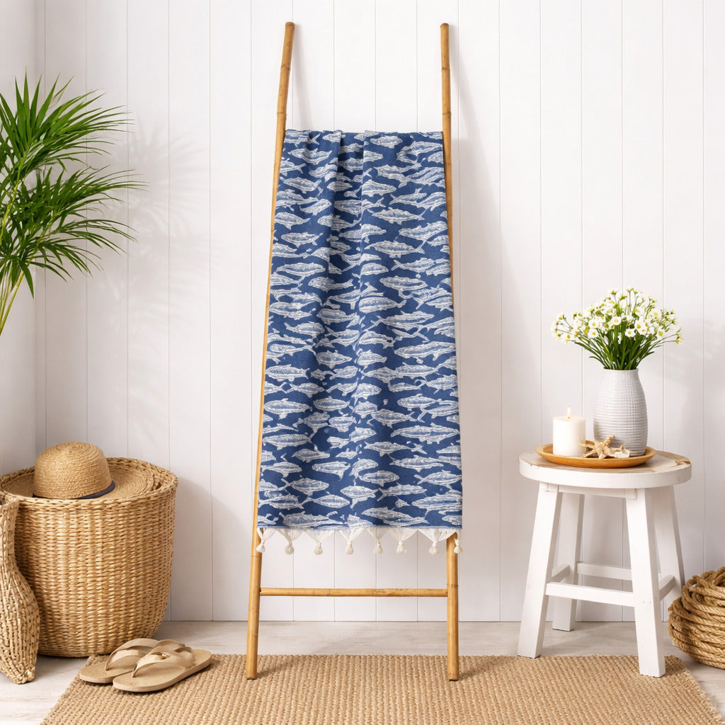 Poisson - Fouta Jacquard - Bleu Jean