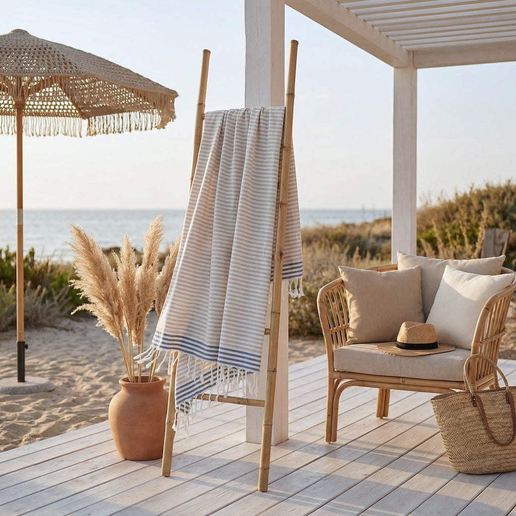 Bora Bora - Fouta Paréo - Beige/Bleu Jean