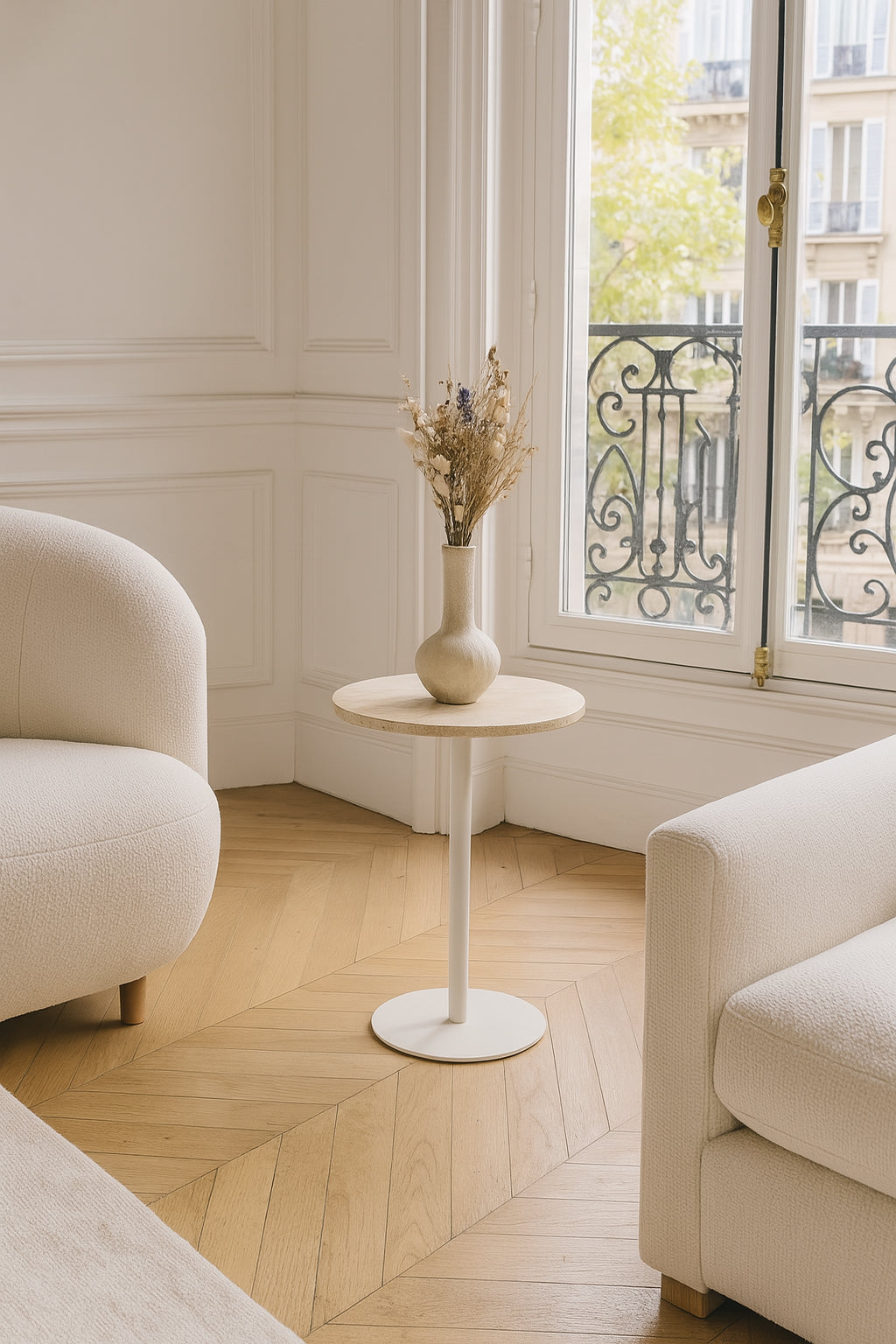 Bari Side Cabinet In White Metal With Travertine Top - Beige