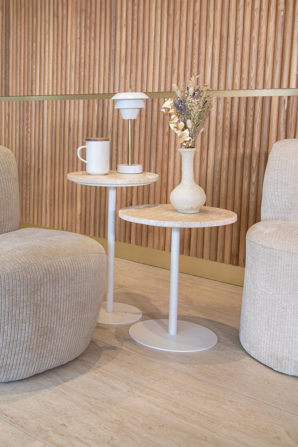 Bari Side Cabinet In White Metal With Travertine Top - Beige