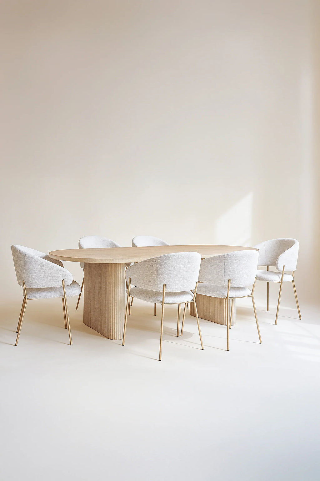Quito - Ensemble Table + 6 Fauteuils De Table - Tissu Tweed/Effet Bois - Ecru/Naturel