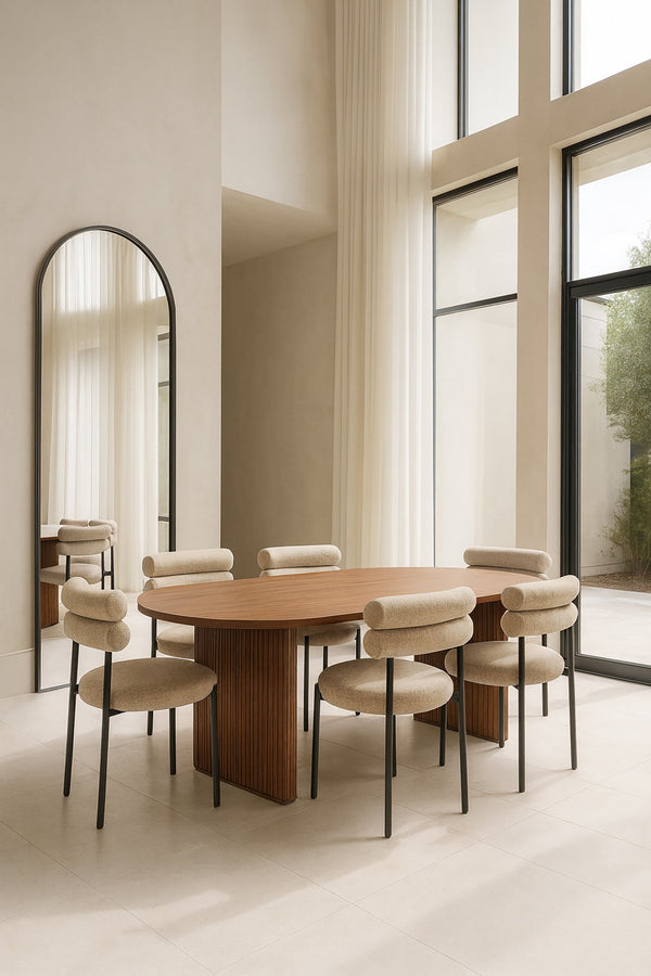 Gina Set - Walnut Wood Table + 6 Beige Chairs