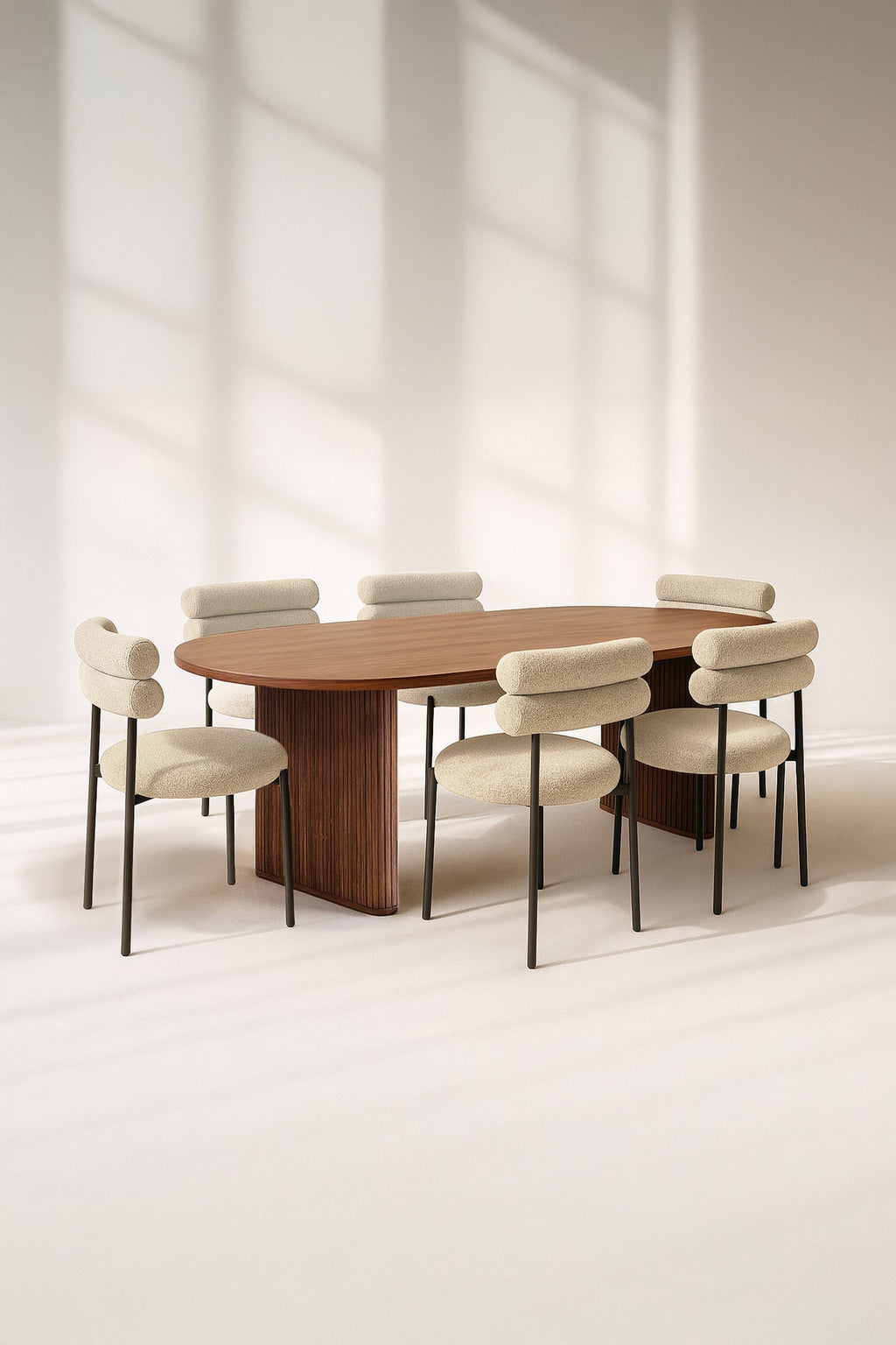 Gina Set - Walnut Wood Table + 6 Beige Chairs