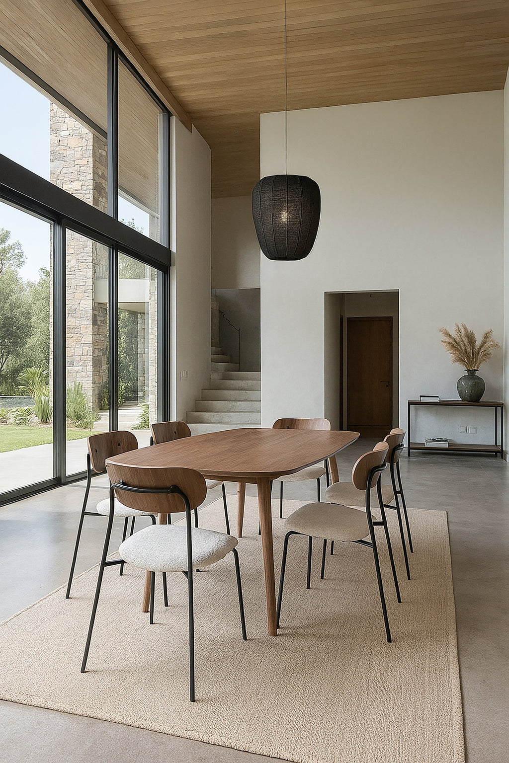 Callao Set - Walnut Wood Table + 6 Ecru Teddy Chairs