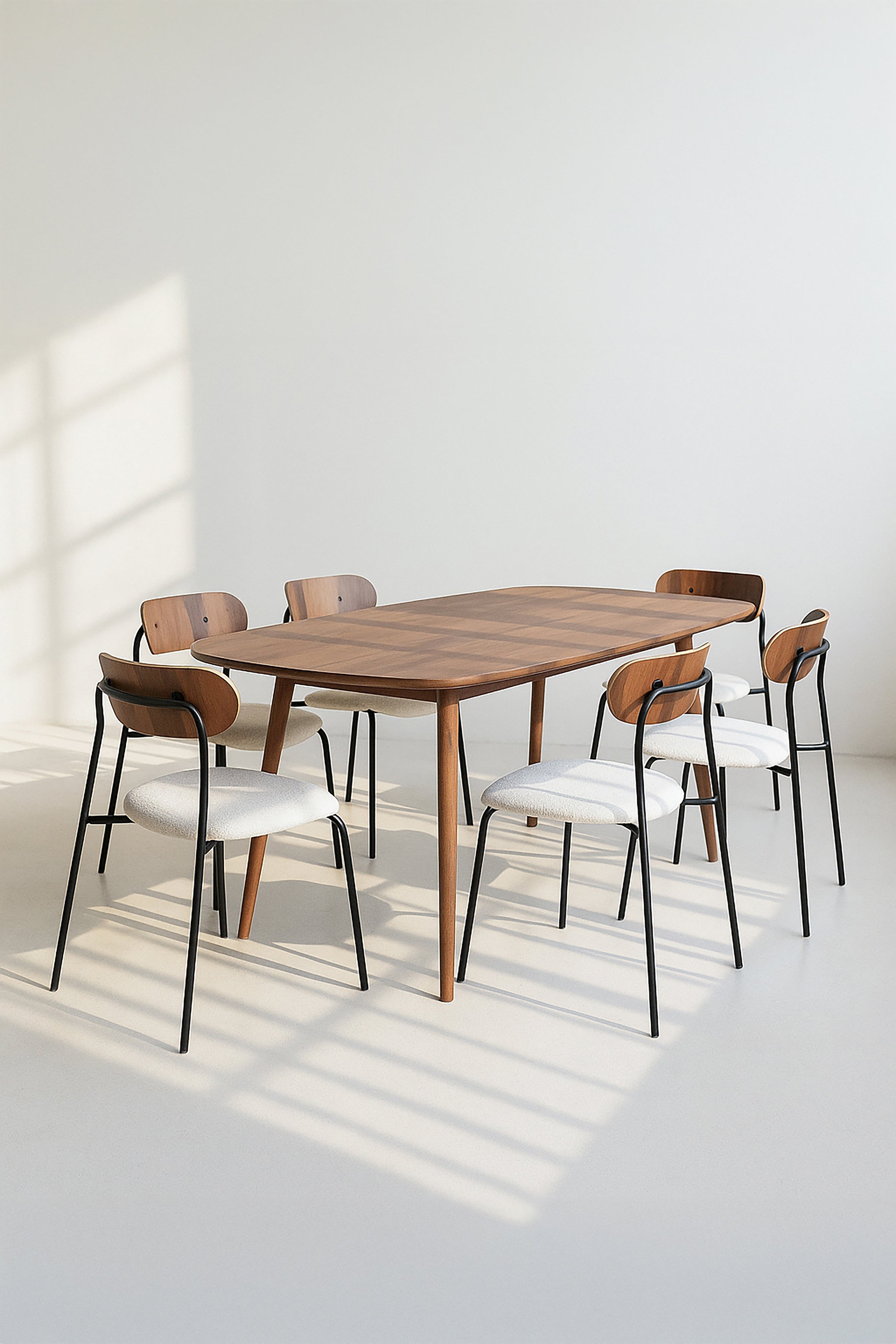 Callao Set - Walnut Wood Table + 6 Ecru Teddy Chairs