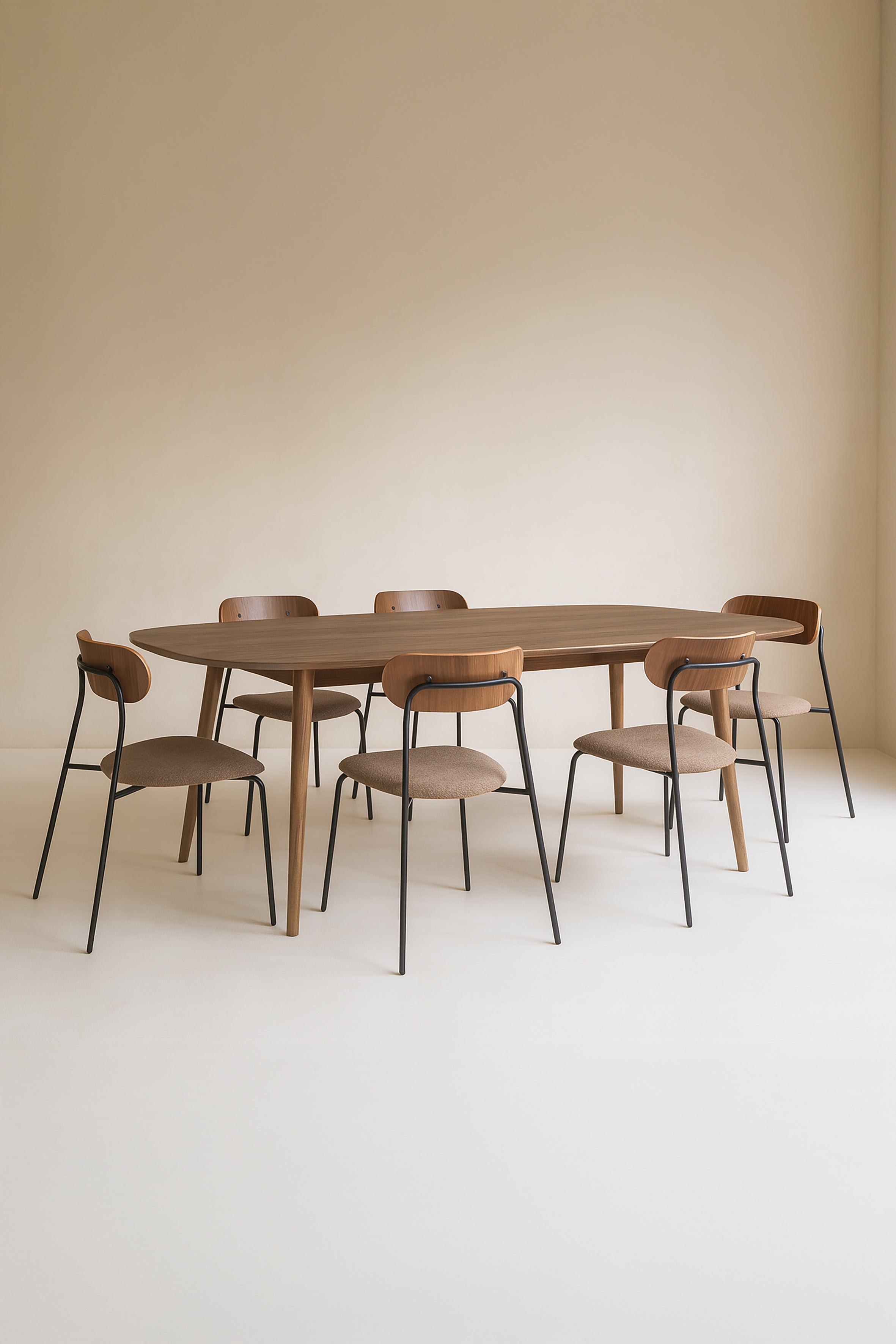 Callao Set - Walnut Wood Table + 6 Brown Teddy Chairs