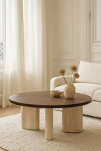Amber - Table Basse Ronde - Effet Travertin - Noyer