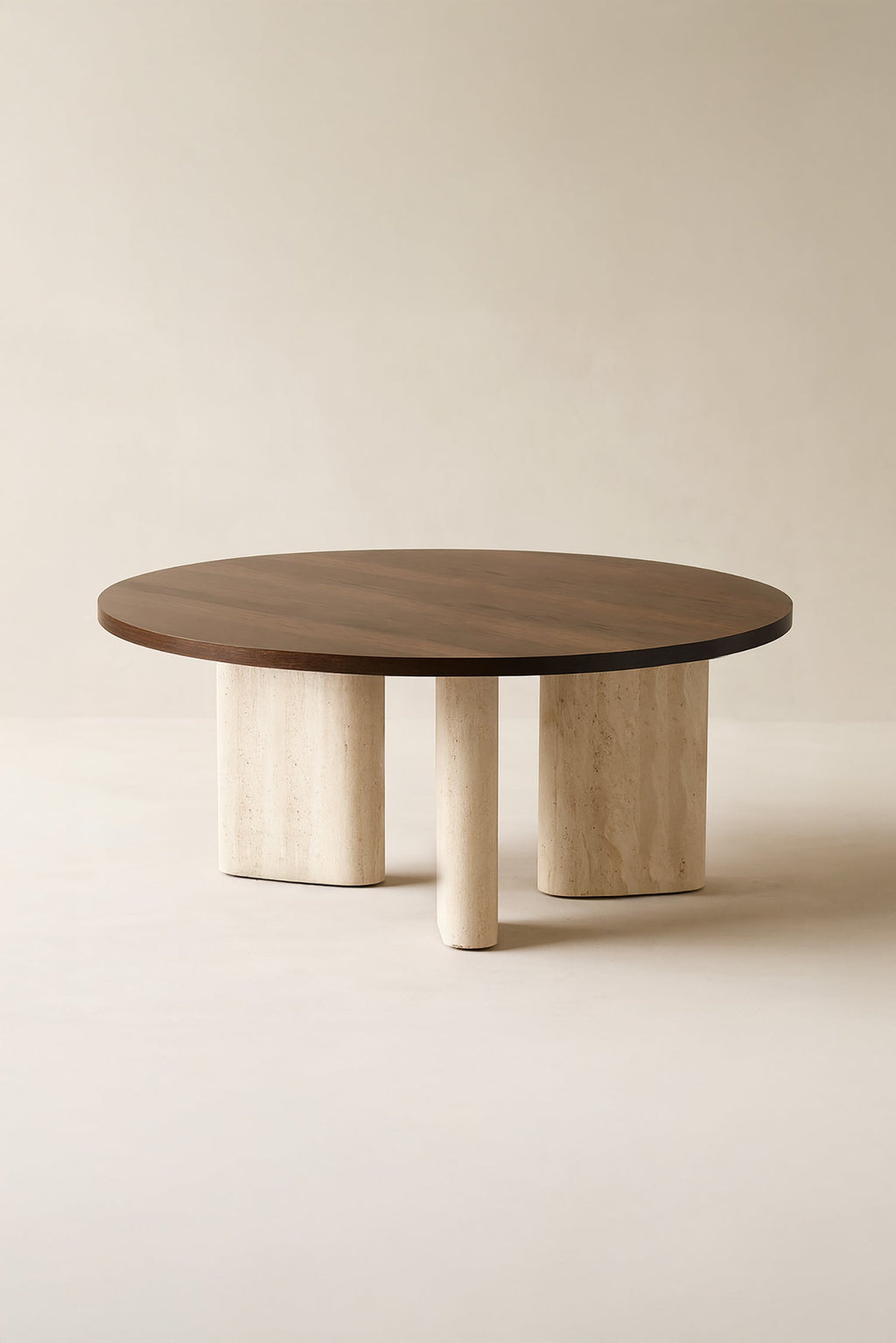 Amber - Table Basse Ronde - Effet Travertin - Noyer