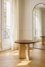 Mueble auxiliar redondo en color ámbar - Efecto travertino natural y nogal