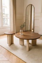 Mueble auxiliar redondo en color ámbar - Efecto travertino natural y nogal