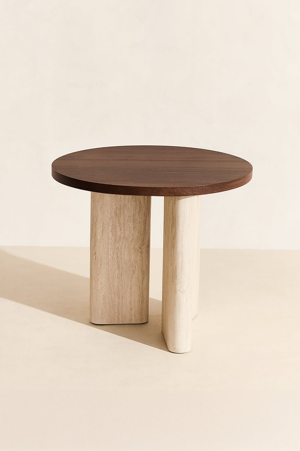 Mueble auxiliar redondo en color ámbar - Efecto travertino natural y nogal