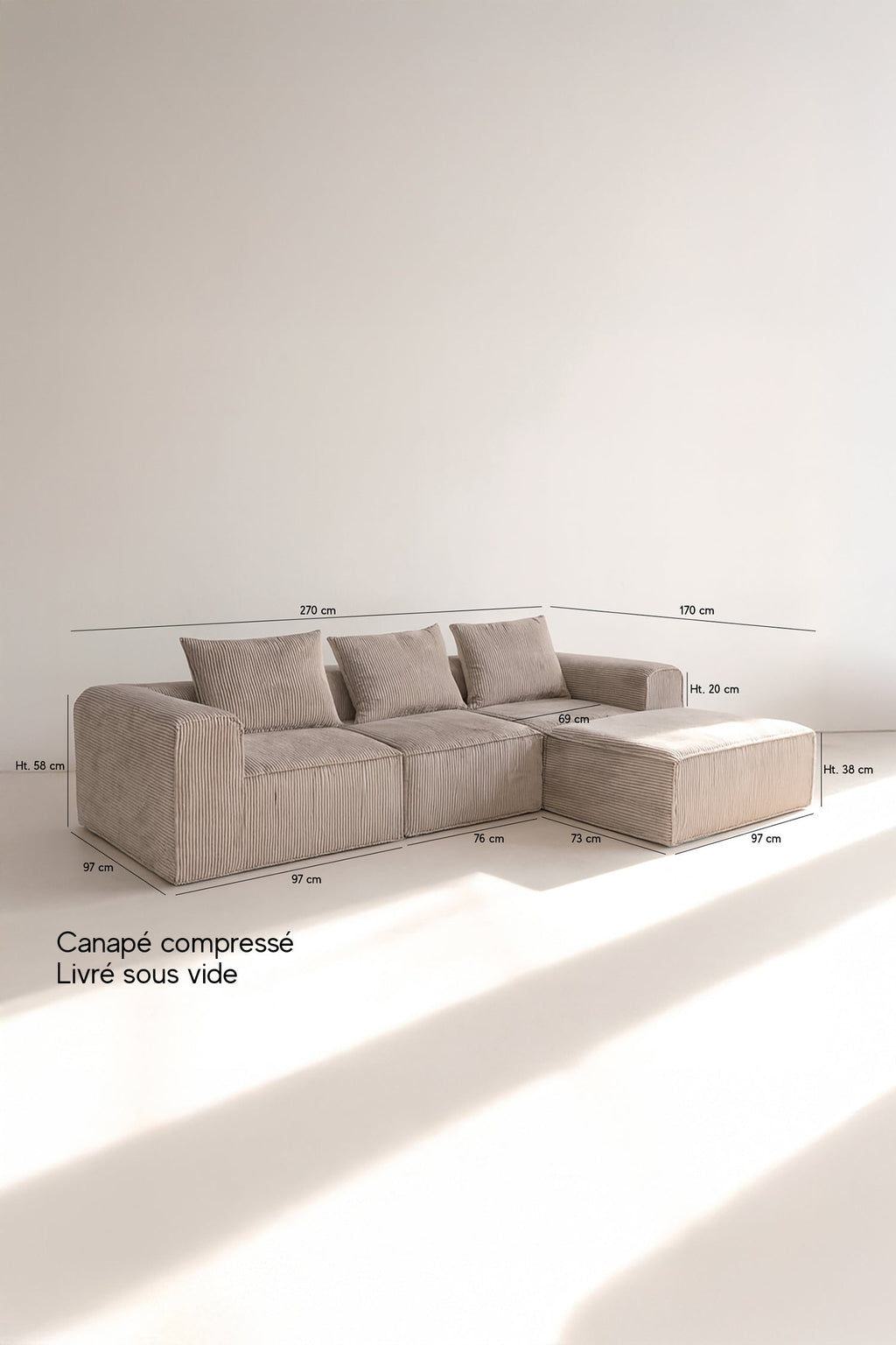 Cocoon - Canapé D'Angle Compressé - Velours Côtelé - Taupe