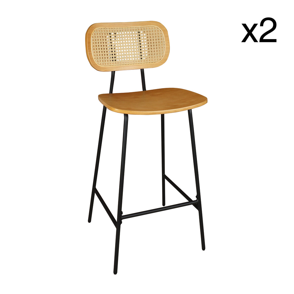 Nosara - Juego de 2 Sillas de Bar - Ratán/Metal/Madera - Negro/Natural