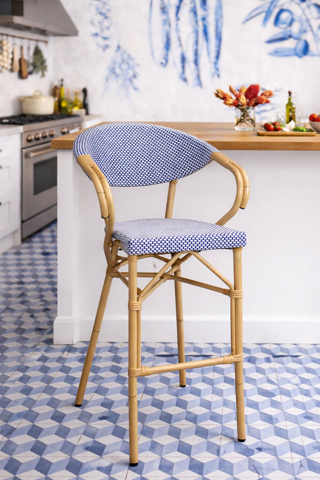Amalfi - Set of 2 Faut Bar - Rattan/Aluminum/Textilene Look - Blue