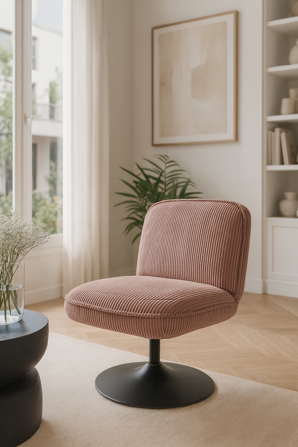 Sillón giratorio Funky - Pana - Rosa con patas de metal negro