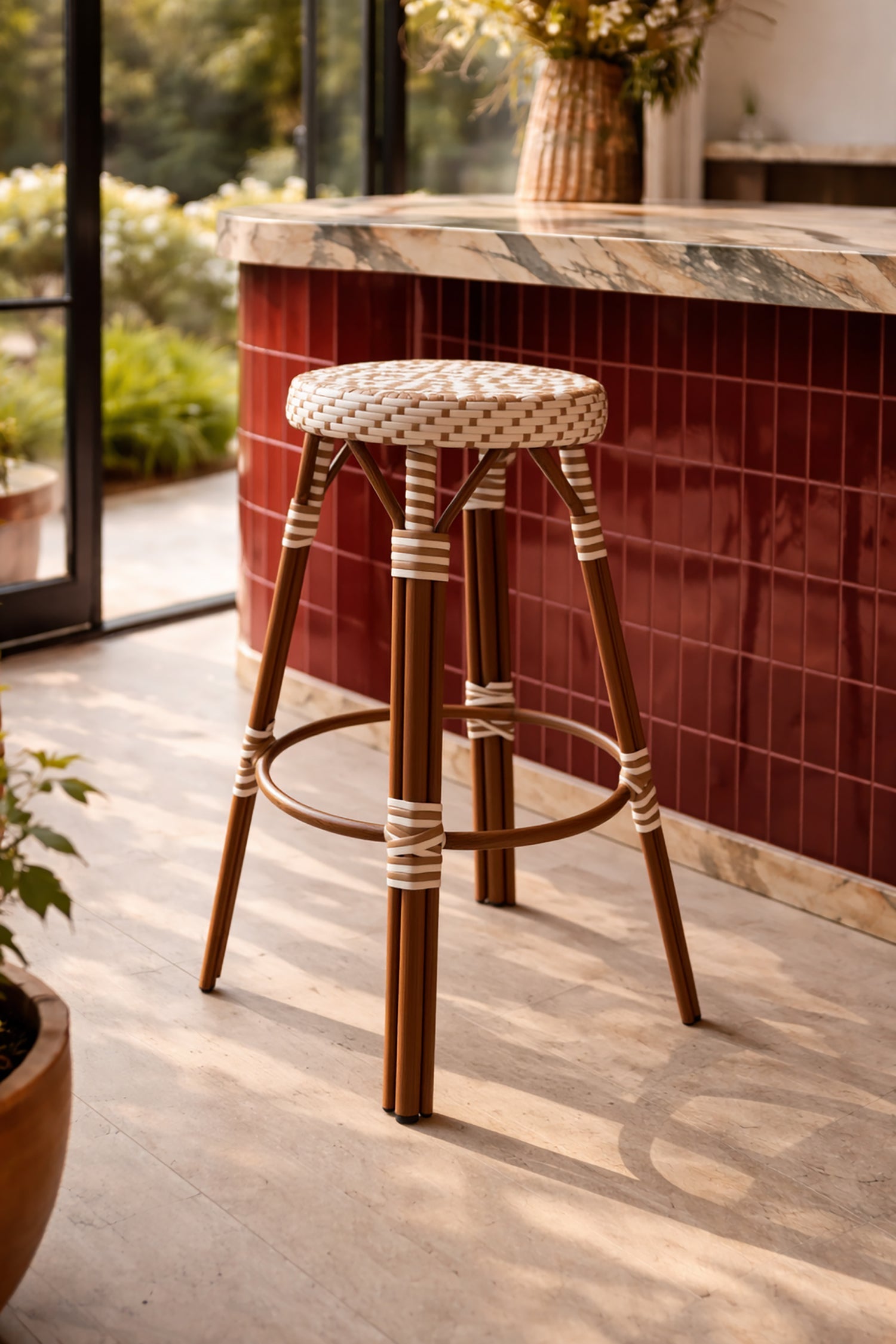 Scala - Tall Bar Stool - Alu Rattan-Effect/Textilene - Hazelnut