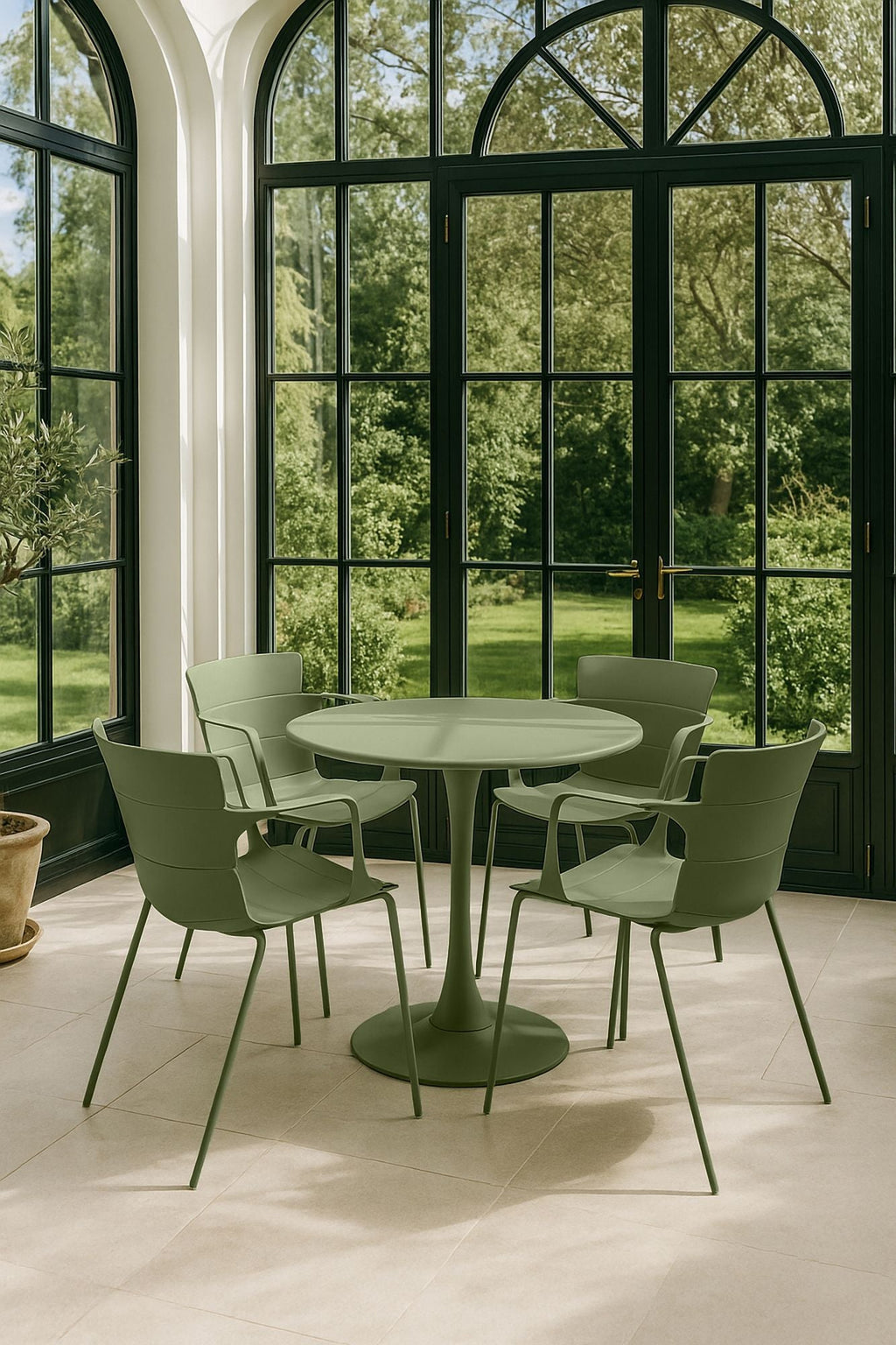 Montauk Indoor Table And 4 Armchairs Set - Polypropylene And Green Metal
