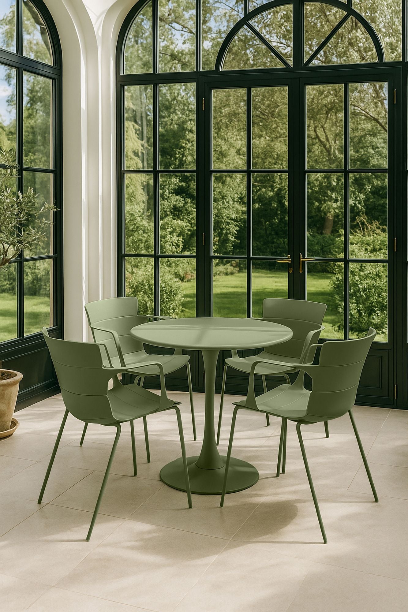 Montauk Indoor Table And 4 Armchairs Set - Polypropylene And Green Metal