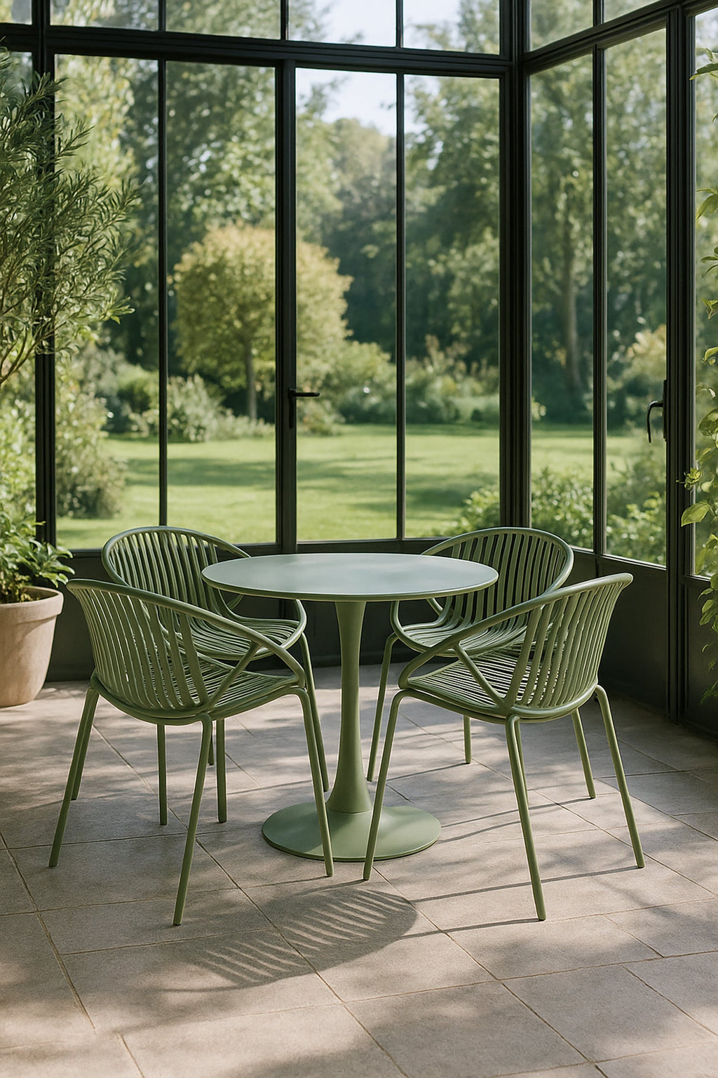 Conjunto de mesa y 4 sillones de interior Calypso - Polipropileno y metal verde