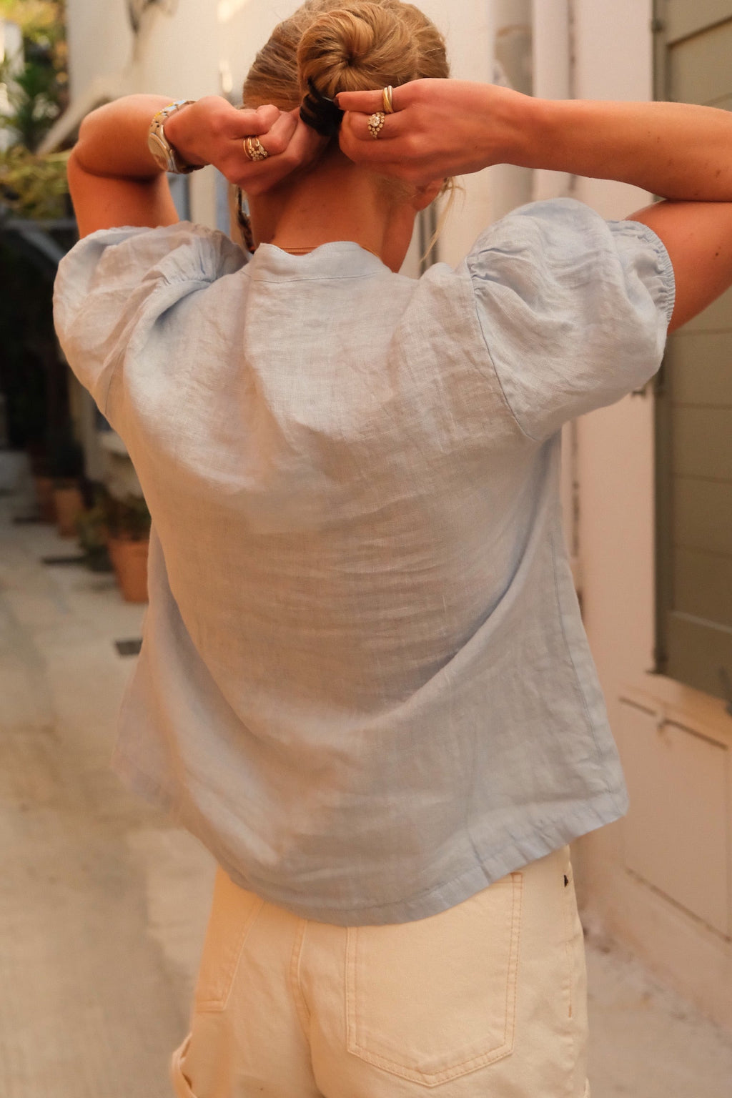 Célestine Sky Blue Linen Blouse