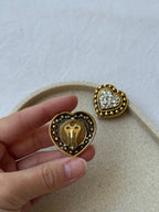 Vintage Earrings - Gold-Tone Hearts Adorned With Rhinestones