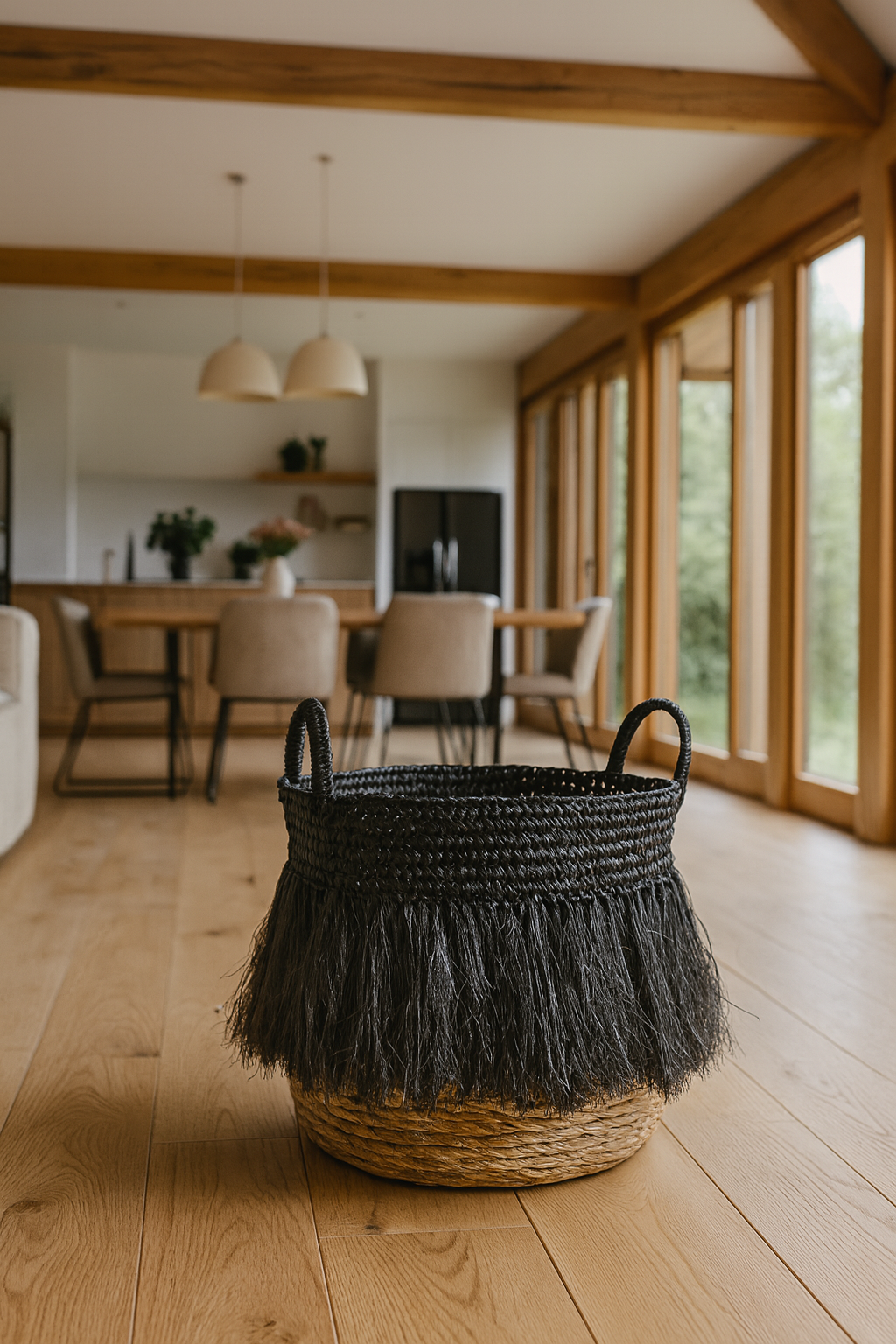 Tym Fringed Basket - Black Raffia