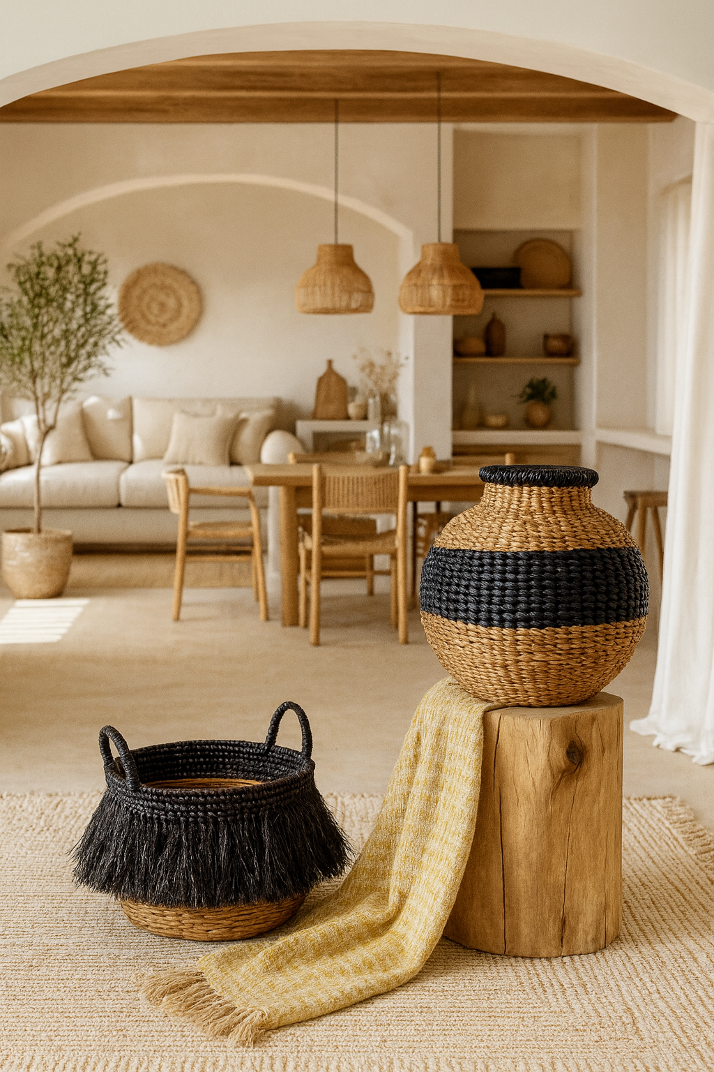 Tym Fringed Basket - Black Raffia