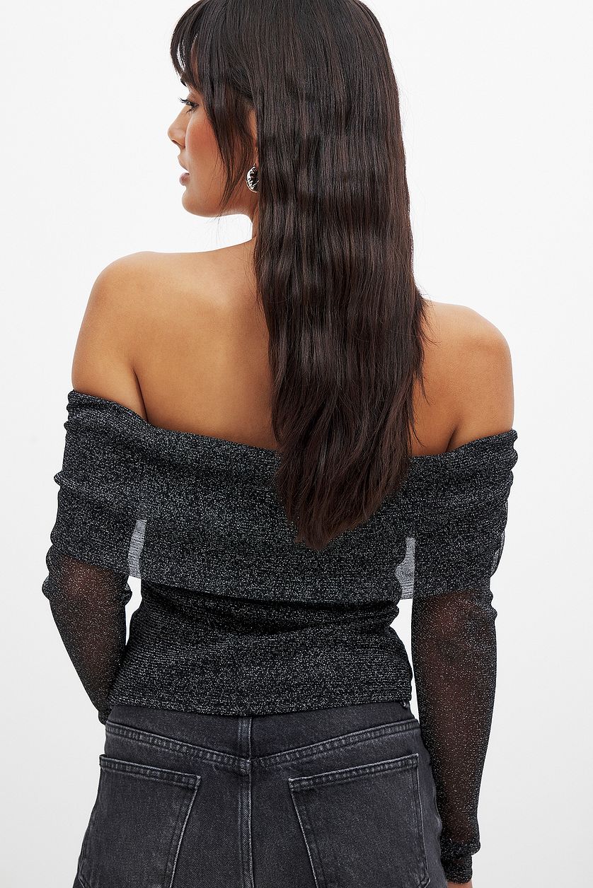 Top Off Shoulder Mesh Glitter - Negro