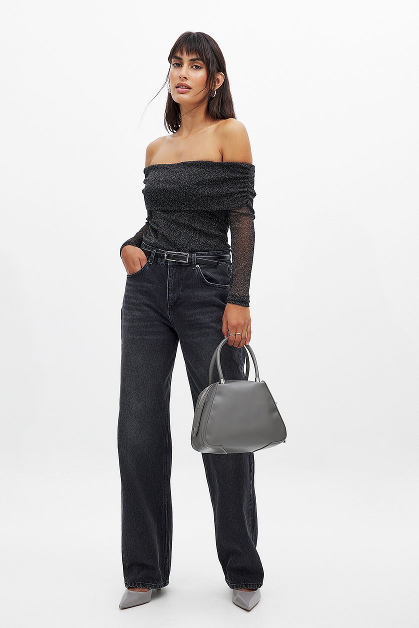 Top Off Shoulder Mesh Glitter - Negro