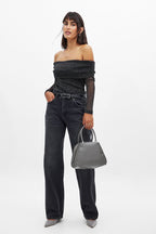 Top Off Shoulder Mesh Glitter - Negro