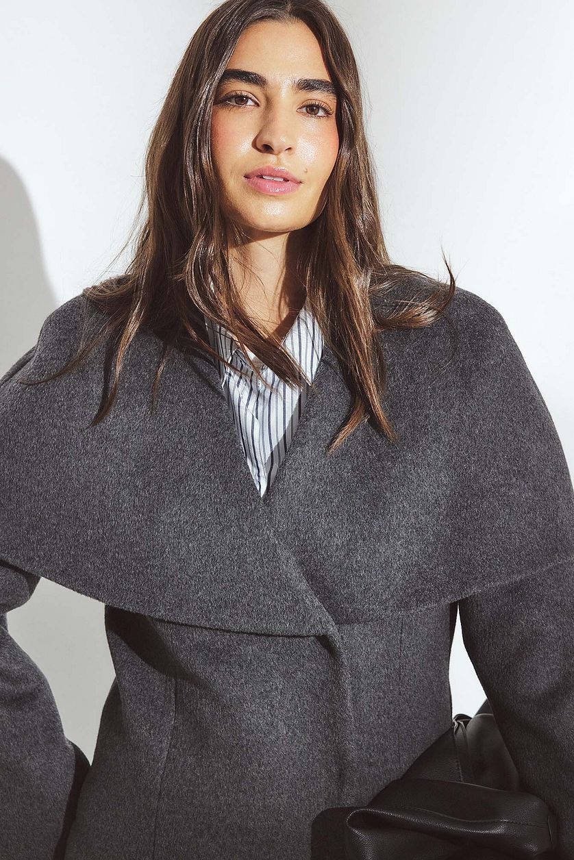 Wool Blend Wide Collar Detail Short Coat - Grey