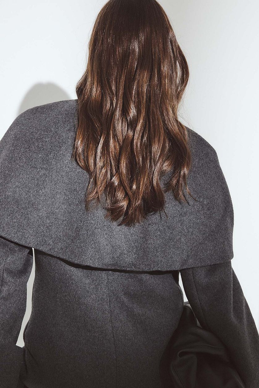 Wool Blend Wide Collar Detail Short Coat - Grey
