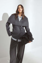 Wool Blend Wide Collar Detail Short Coat - Grey