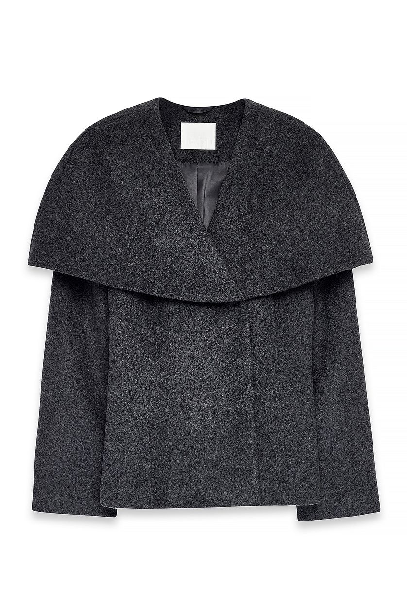 Wool Blend Wide Collar Detail Short Coat - Grey
