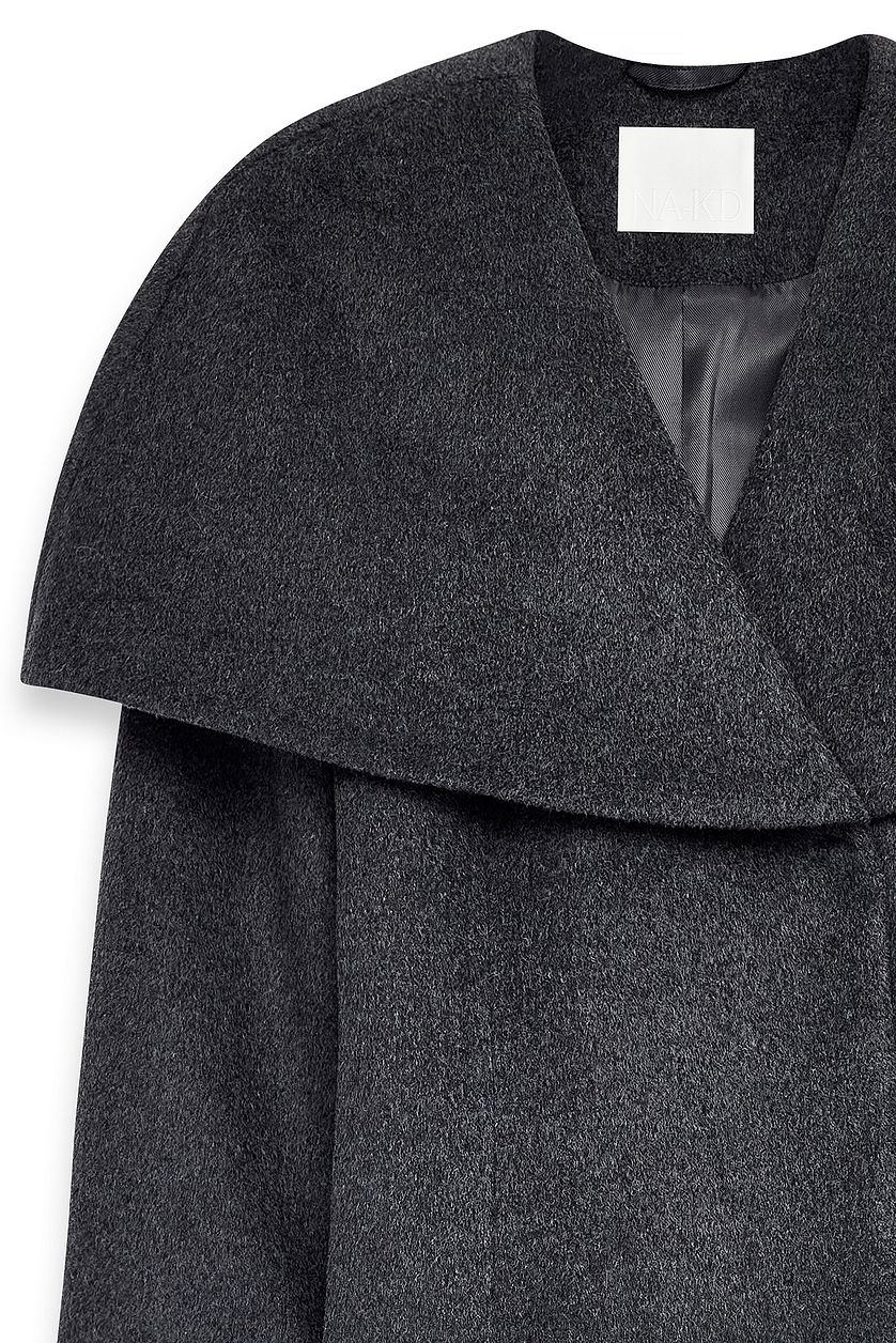 Wool Blend Wide Collar Detail Short Coat - Grey