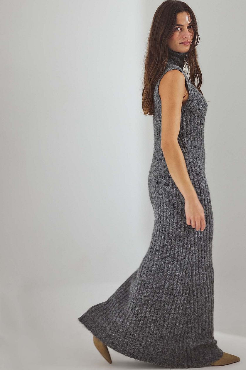 Vestido maxi de punto de mezcla de lana con cuello alto - Gris oscuro