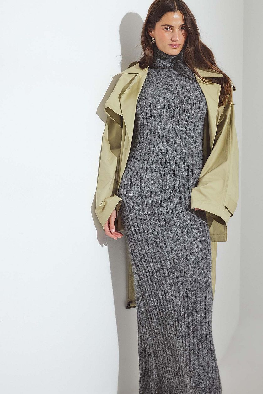 Vestido maxi de punto de mezcla de lana con cuello alto - Gris oscuro