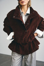 Waist Detail Faux Suede Jacket - Brown