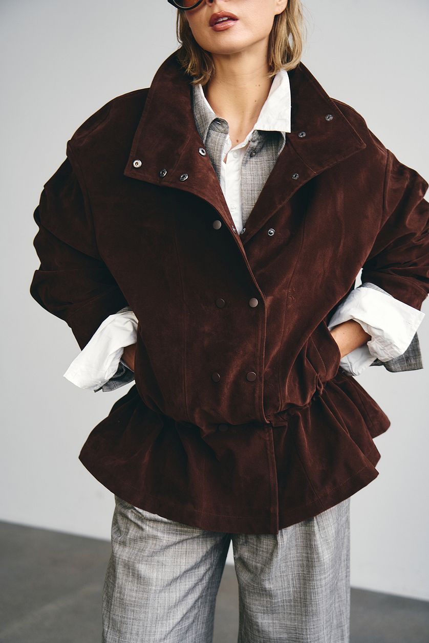 Waist Detail Faux Suede Jacket - Brown